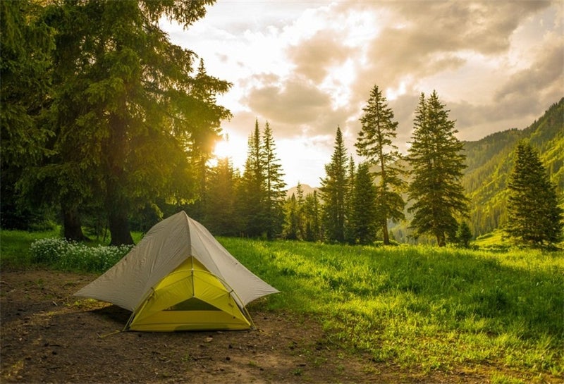 LFEEY 5x3ft Pine Forest Camping Backdrop for Photoshoot Sunrise Outdoor Travel Mountains Landscape Grassland Camp Tents Background for Photography Kids Birthday Holiday Vacation Photo Shoot Props - Image 1